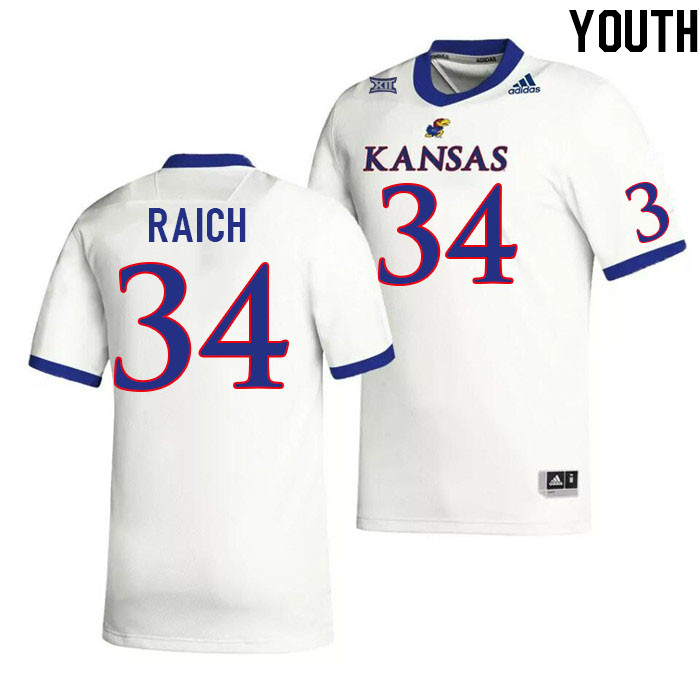 Youth #34 Alex Raich Kansas Jayhawks College Football Jerseys Stitched Sale-White - Click Image to Close